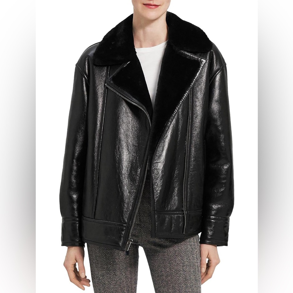 THEORY Leather Shearling Moto oversized jacket